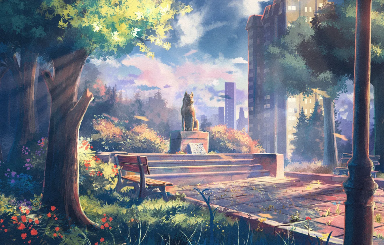 Photo wallpaper trees, flowers, Park, dog, art, monument, shop