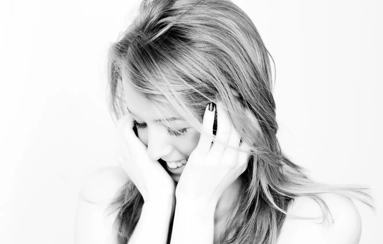 Photo wallpaper girl, joy, smile, hair, hairstyle, blonde, embarrassment, Olivia Bell