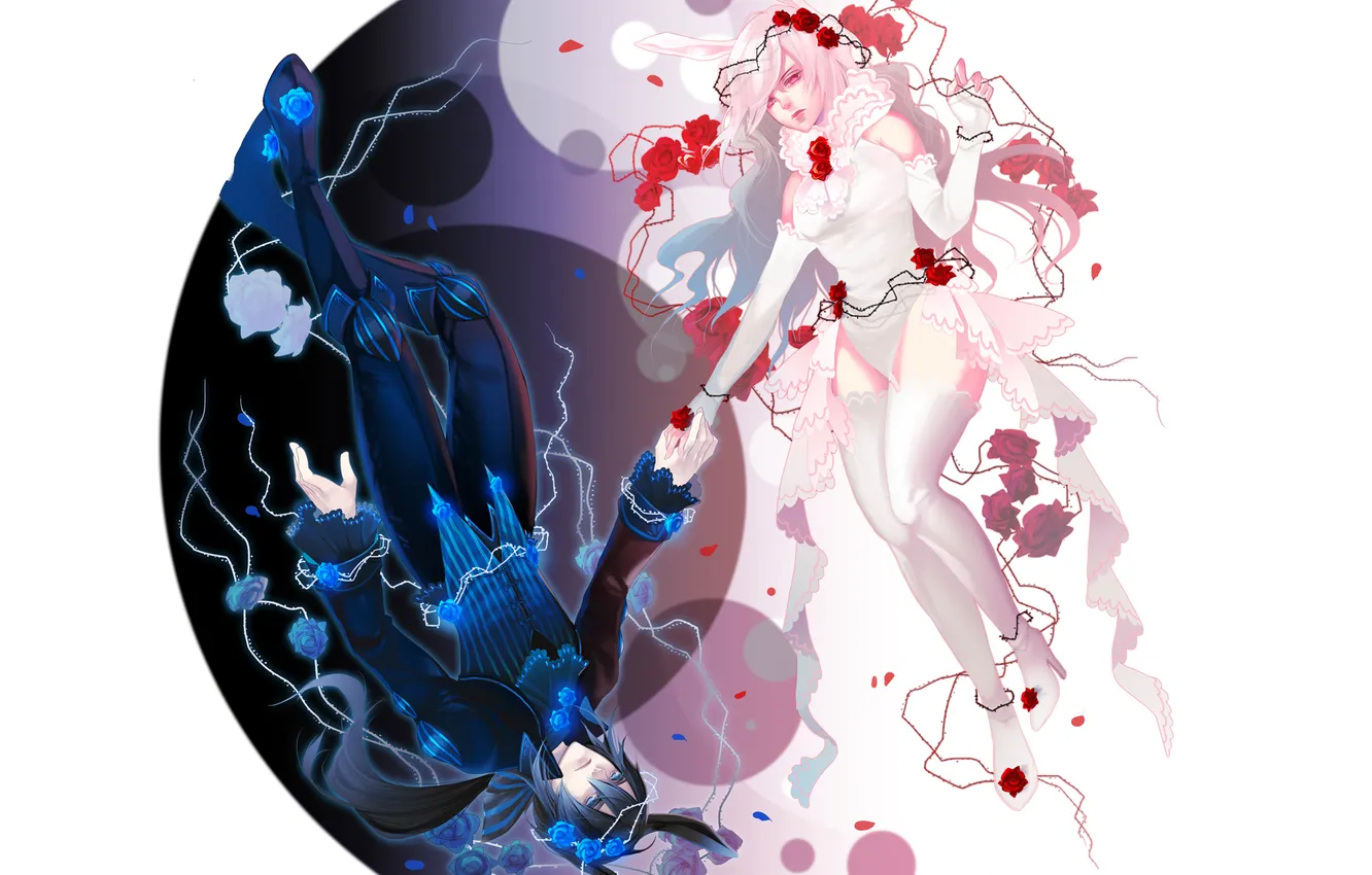 Photo wallpaper girl, roses, guy, ears, two, Yin, Yang