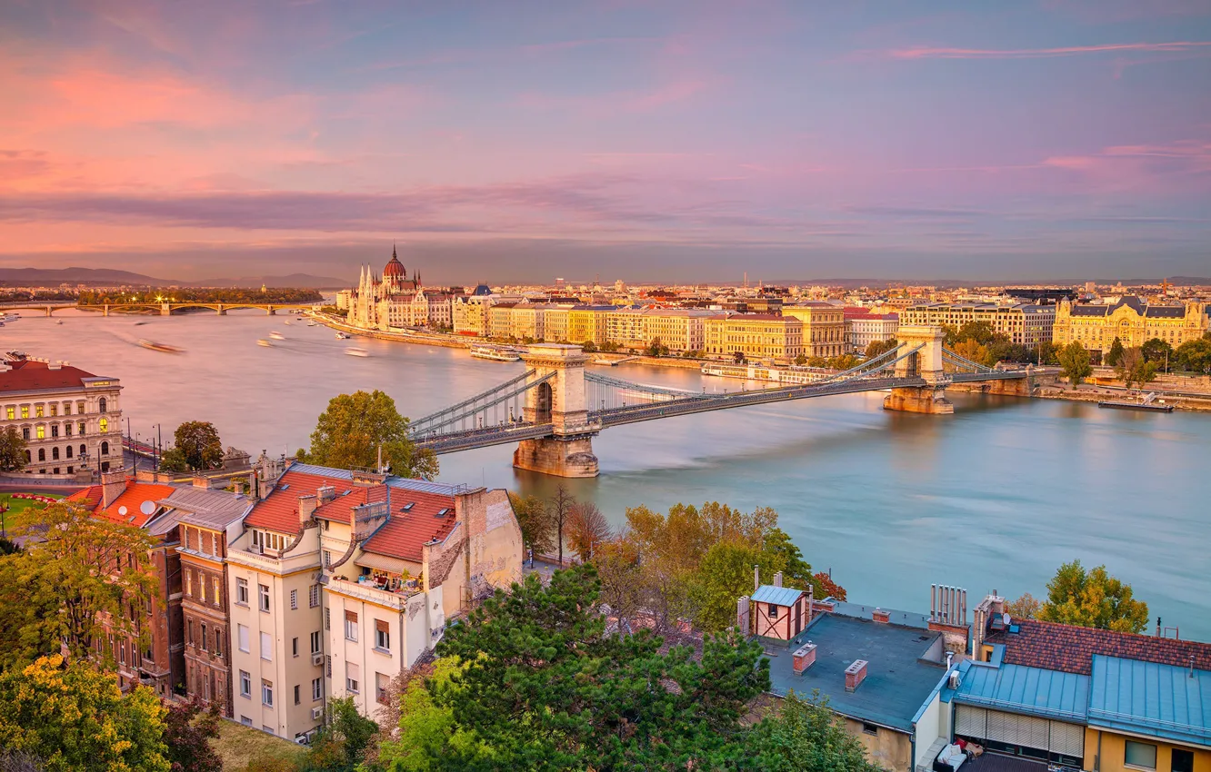 Photo wallpaper bridge, river, building, home, Hungary, Hungary, Budapest, Budapest