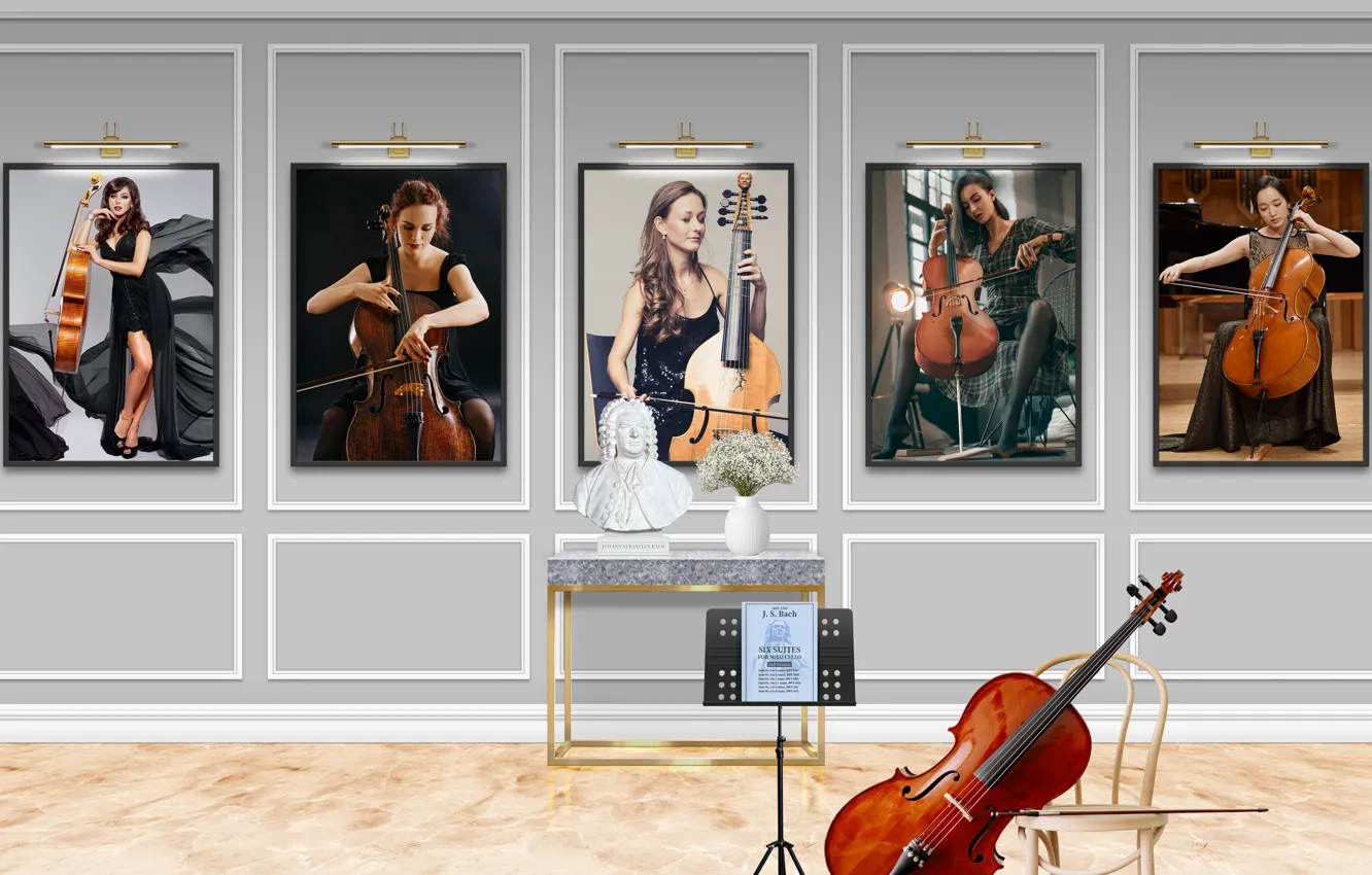 Photo wallpaper studio, cello, Bach, Cellist, Classical music, picture frame, viola da gamba, six suites for solo …