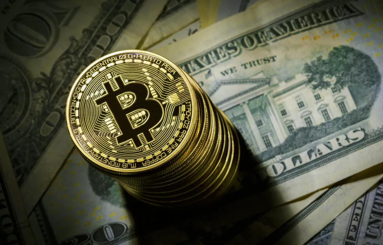 Photo wallpaper blur, dollar, coin, dollar, coin, bitcoin, bitcoin