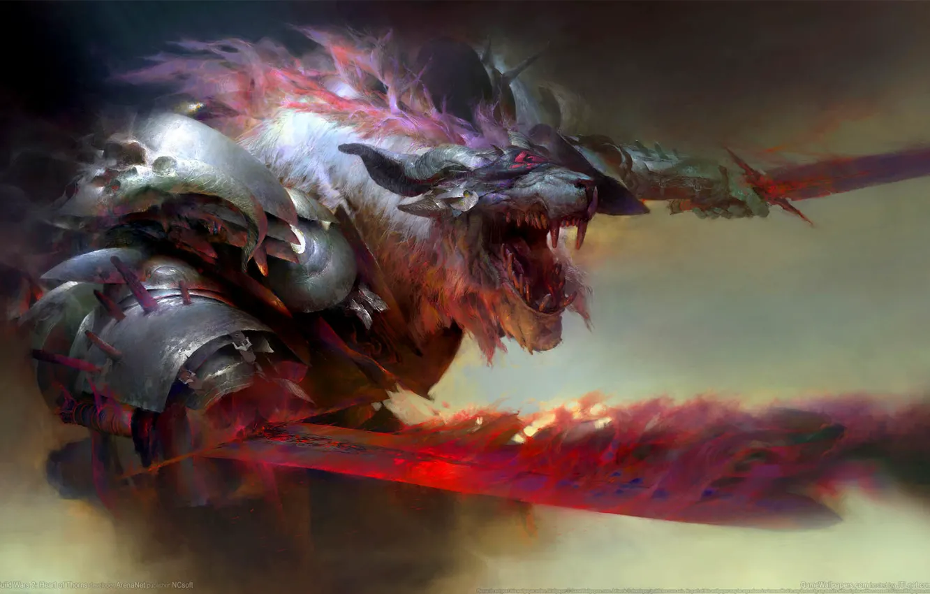 Photo wallpaper monster, sword, horns, armor, game wallpapers, Guild Wars 2: Heart Of Thorns