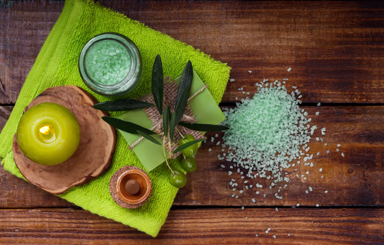 Photo wallpaper towel, candles, soap, olives, cosmetics, sea salt