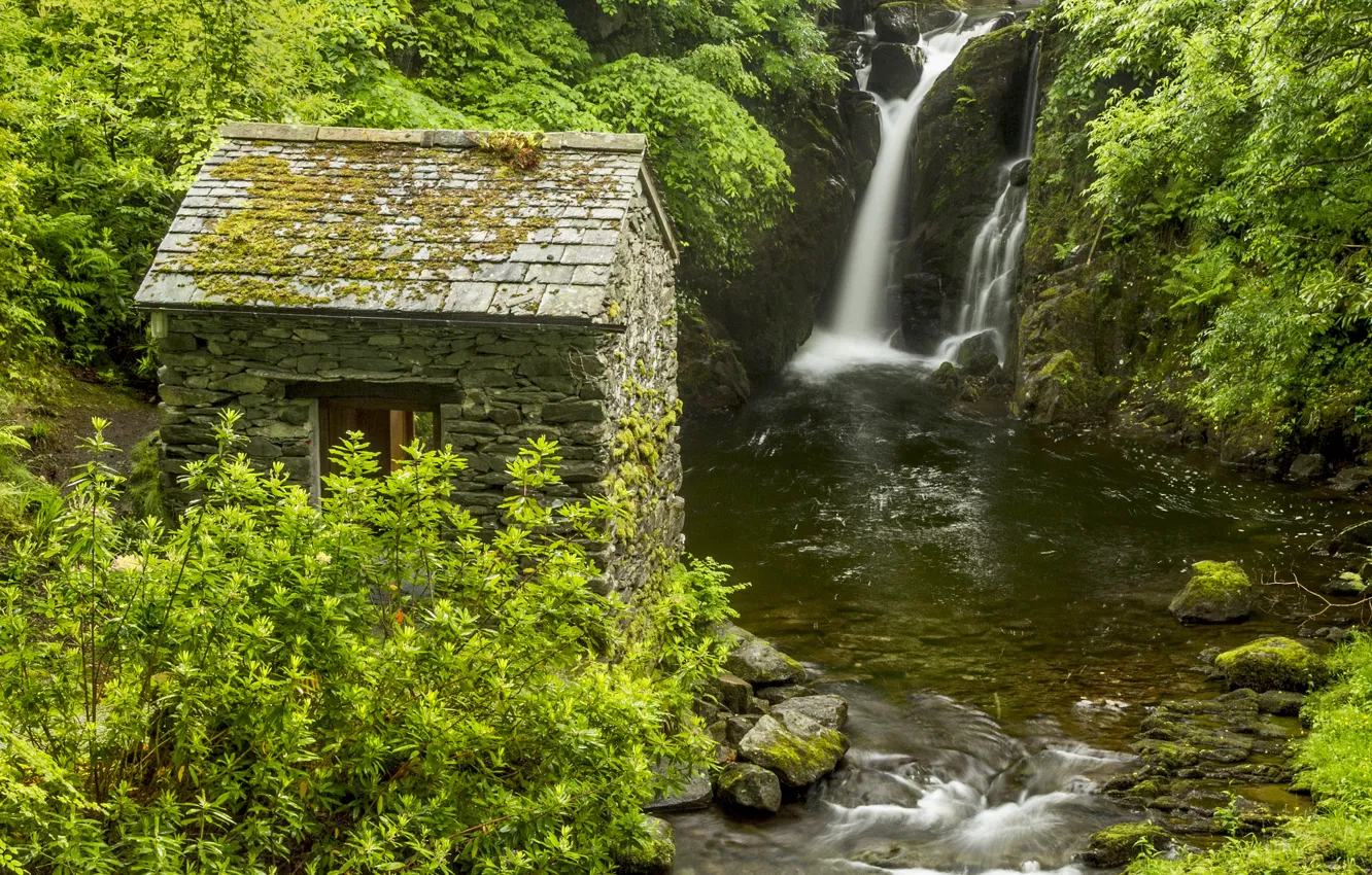 Photo wallpaper river, England, waterfall, hut, the bushes, England, Lake District, Rydal Hall Waterfall