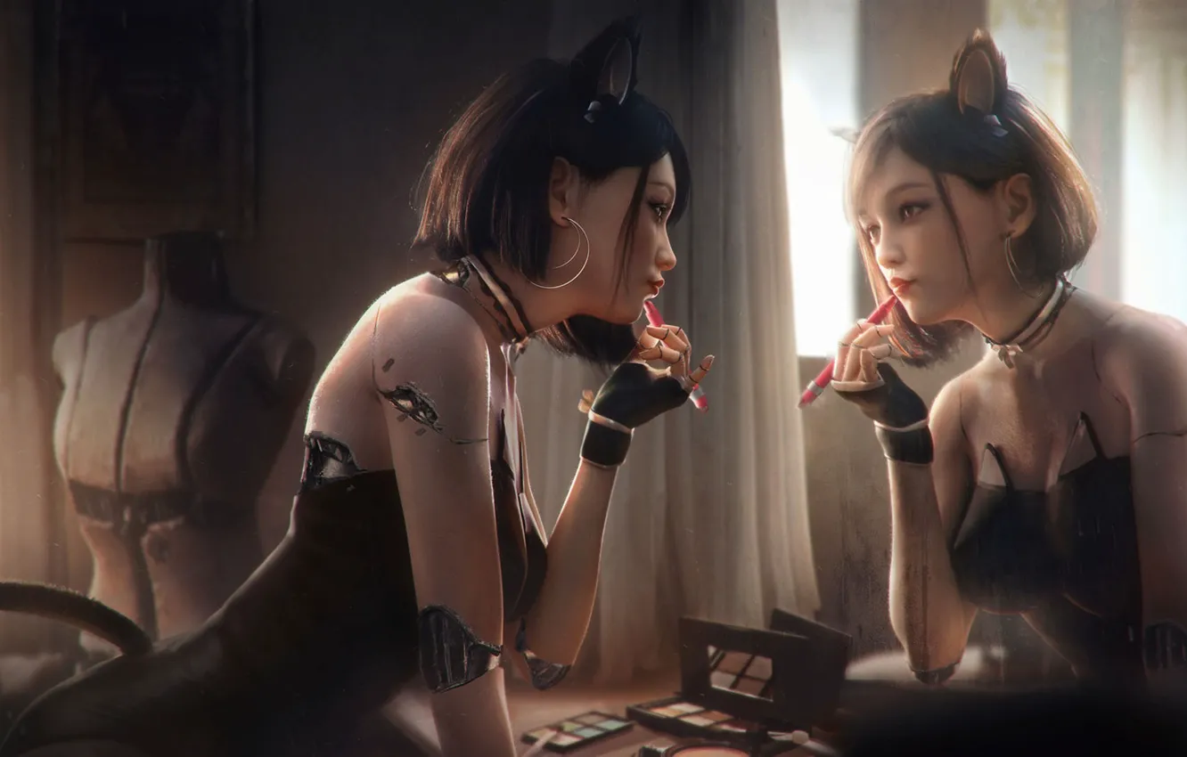 Photo wallpaper girl, reflection, mirror, cyborg, tian zi