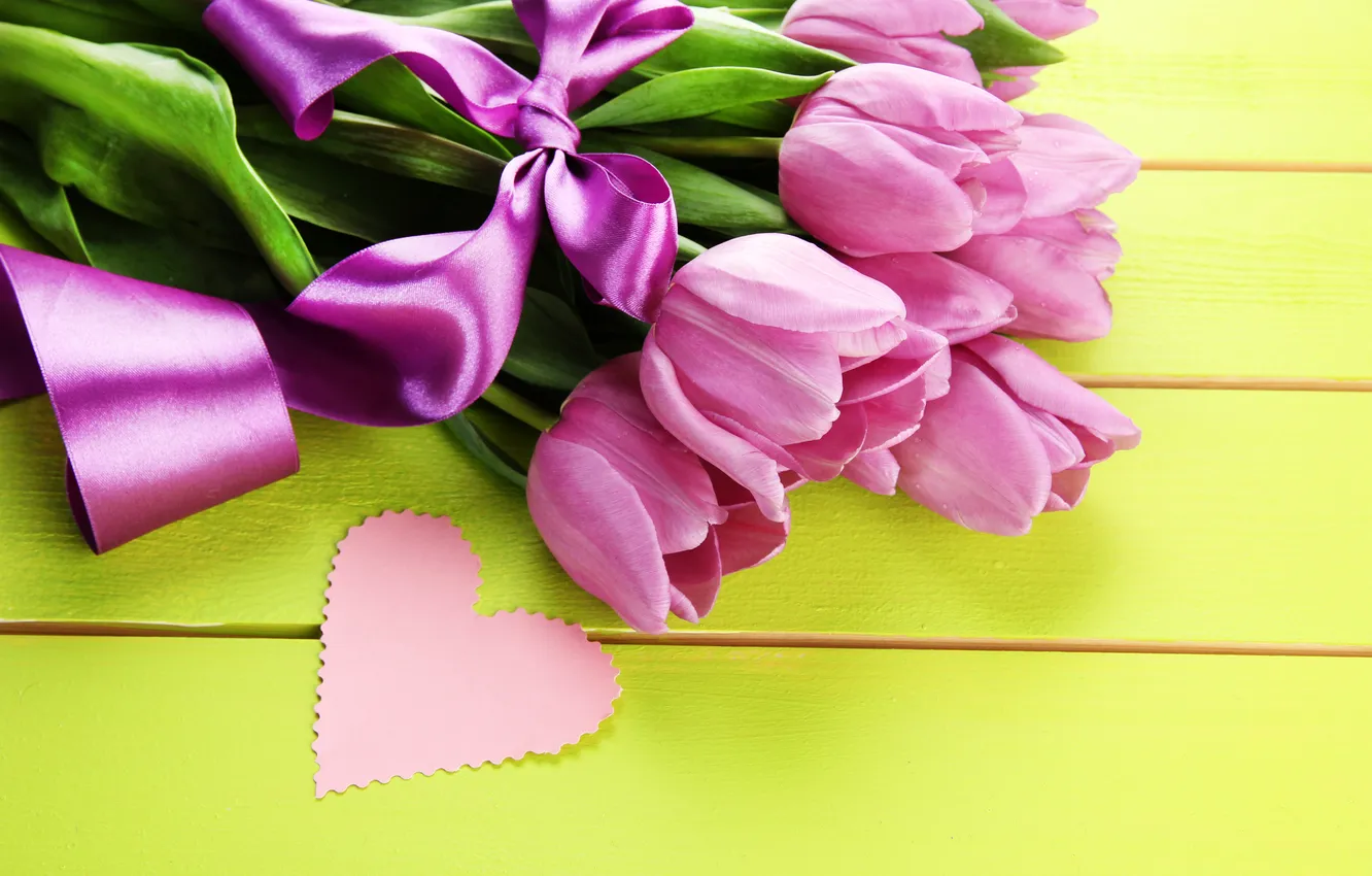 Photo wallpaper flowers, bouquet, tape, tulips, pink, wood, pink, flowers