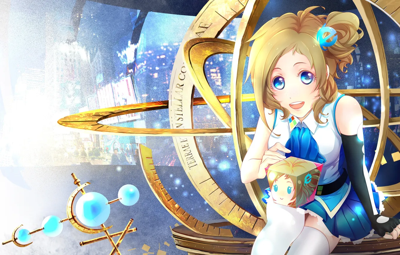 Photo wallpaper look, girl, smile, cubes, windows, sitting, art, internet explorer