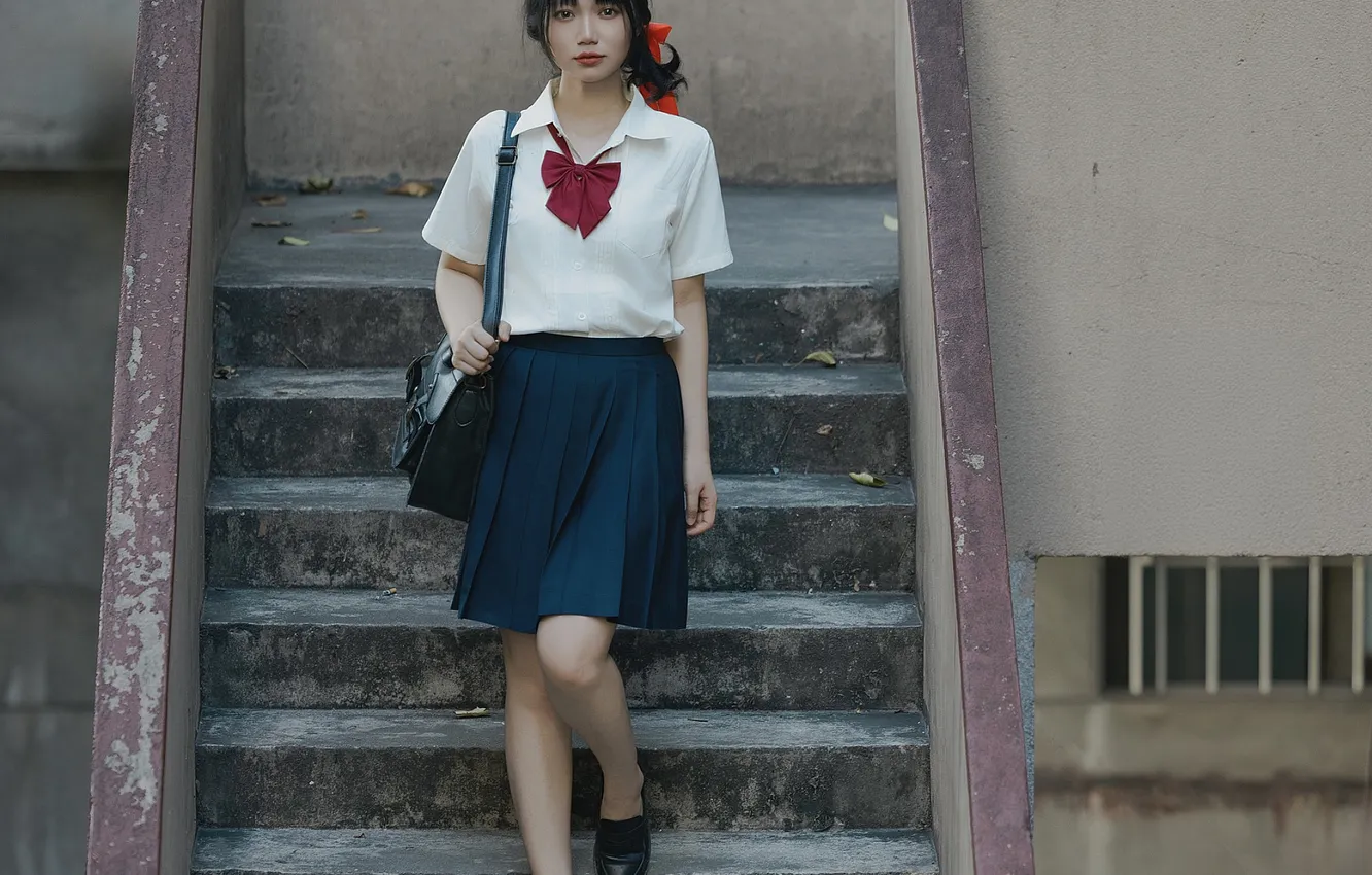 Photo wallpaper woman, beautiful, model, pretty, asian, bag, cute, stairs