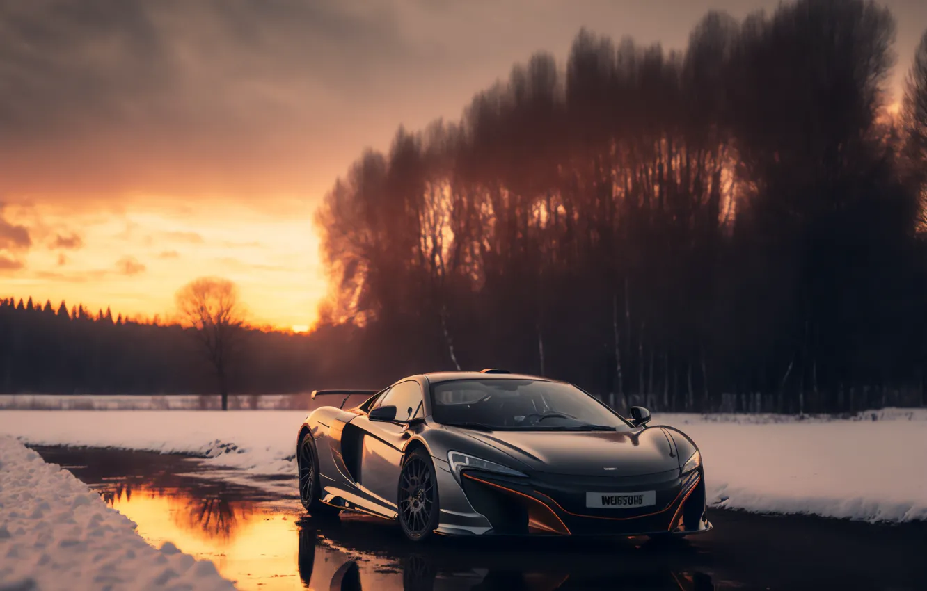 Photo wallpaper car, forest, road, snow, mclaren