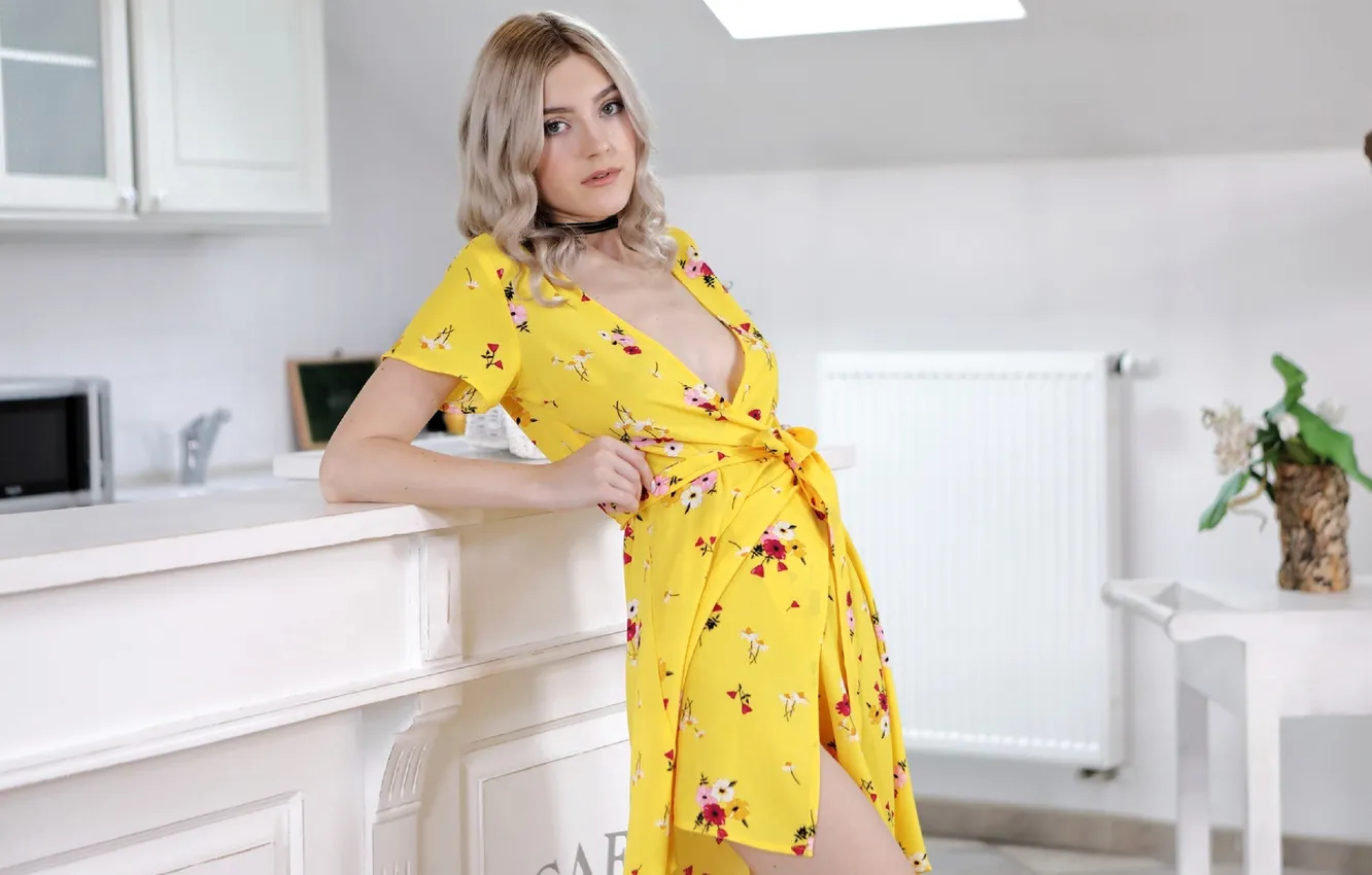 Photo wallpaper room, home, blonde, neckline, in a Bathrobe, girl posing