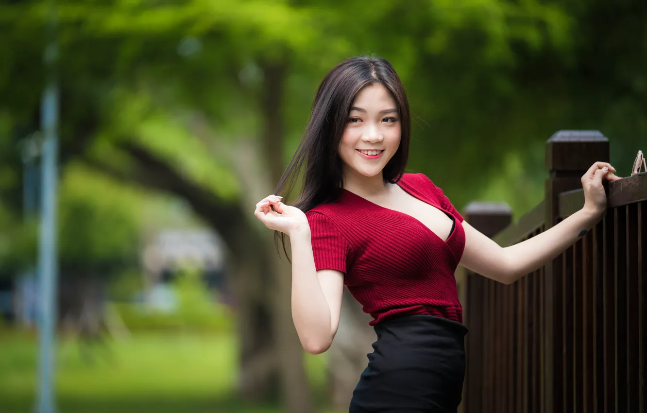 Photo wallpaper girl, smile, Asian, cutie, bokeh