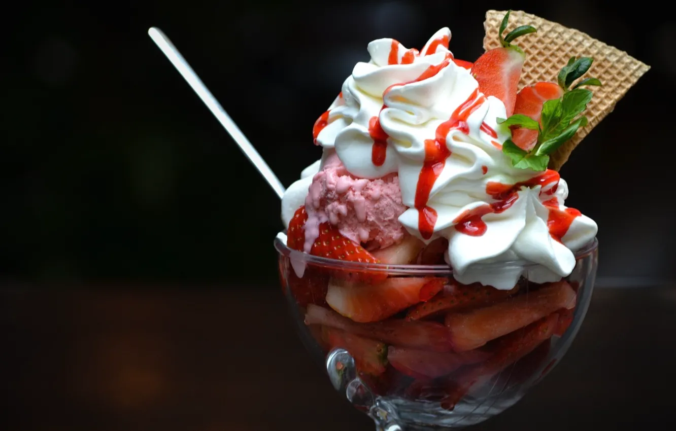 Photo wallpaper background, widescreen, Wallpaper, food, blur, strawberry, berry, ice cream