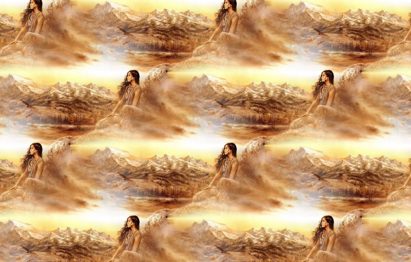 Photo wallpaper forest, girl, mountains, nature, background, texture, art