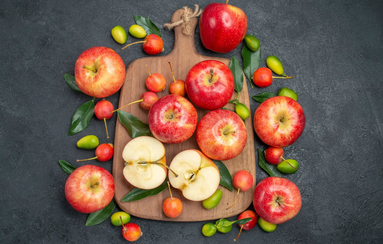 Photo wallpaper leaves, red, table, apples, citrus, fruit, placer, kitaika