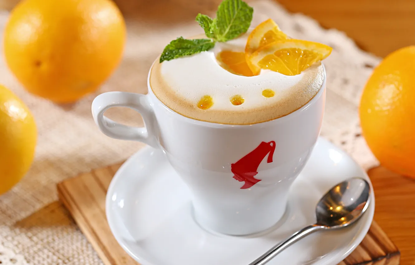 Photo wallpaper foam, coffee, oranges, milk, spoon, Cup, white, pieces