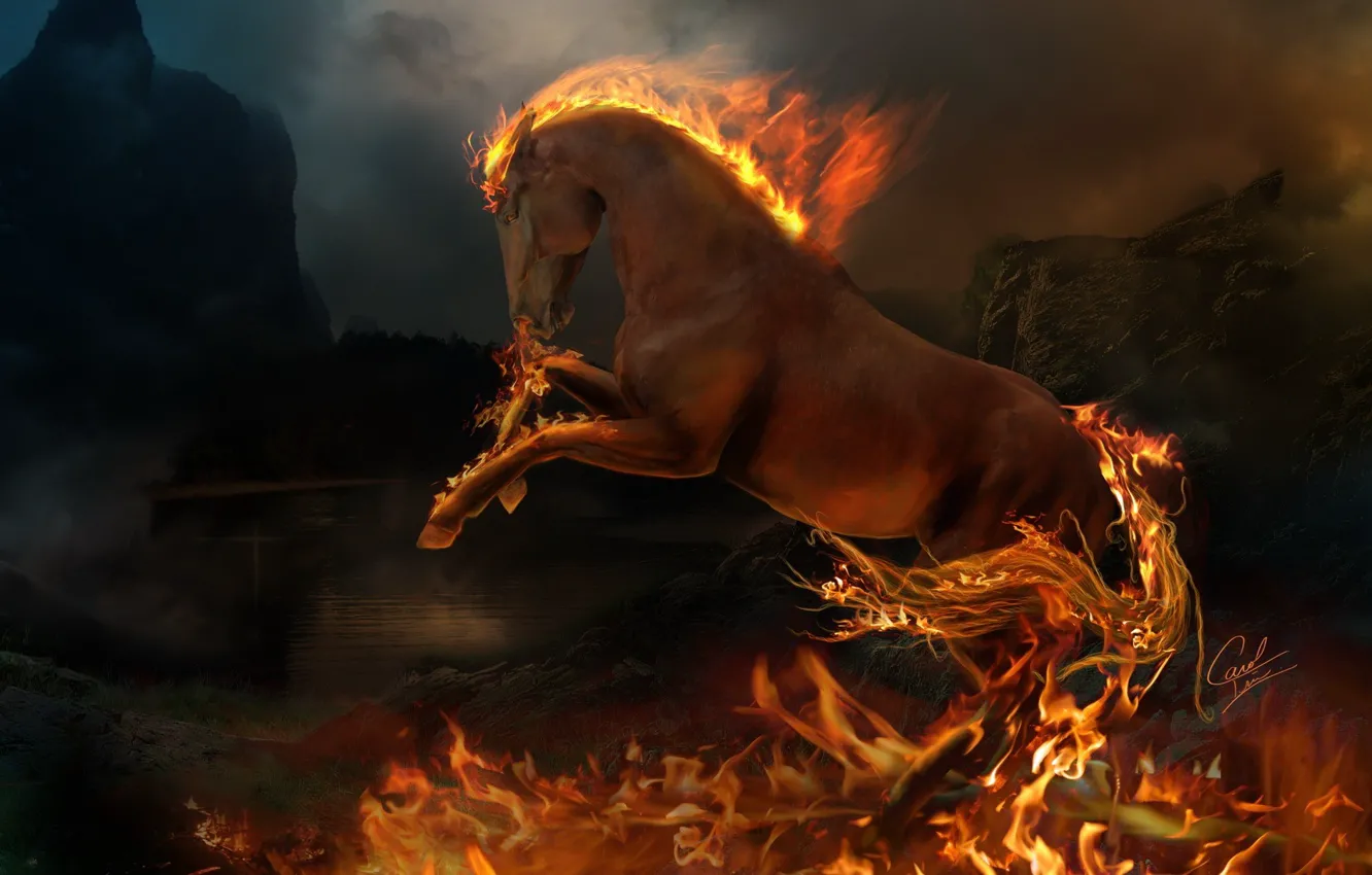 Photo wallpaper lights, flame, animal, horse