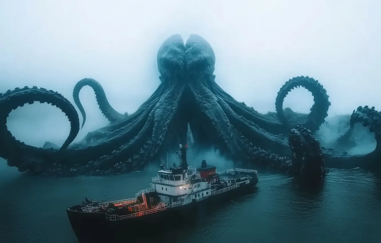 Photo wallpaper sea, fog, ship, tentacles, Kraken, digital art, sea monster, AI art