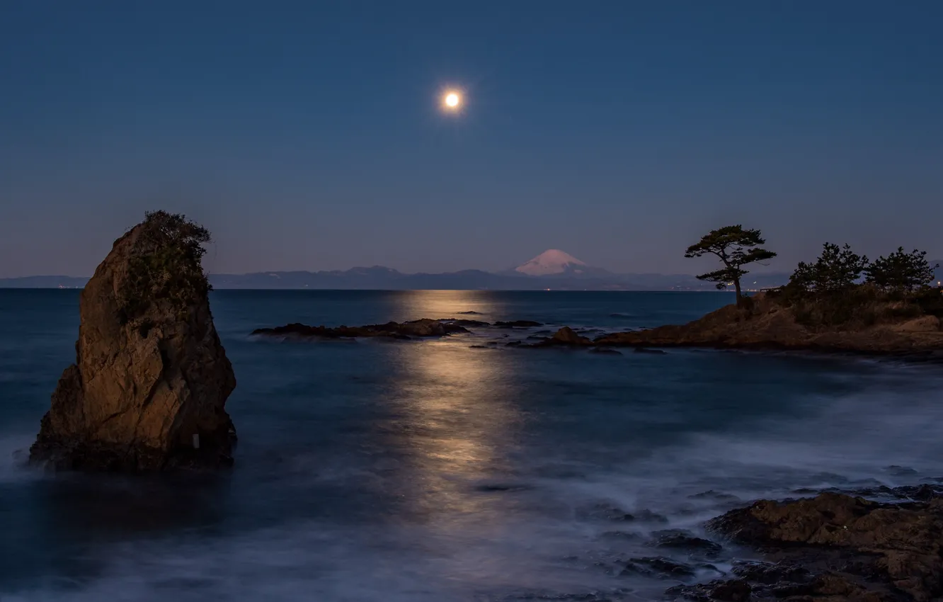 Photo wallpaper sea, the sky, landscape, night, shore, the volcano