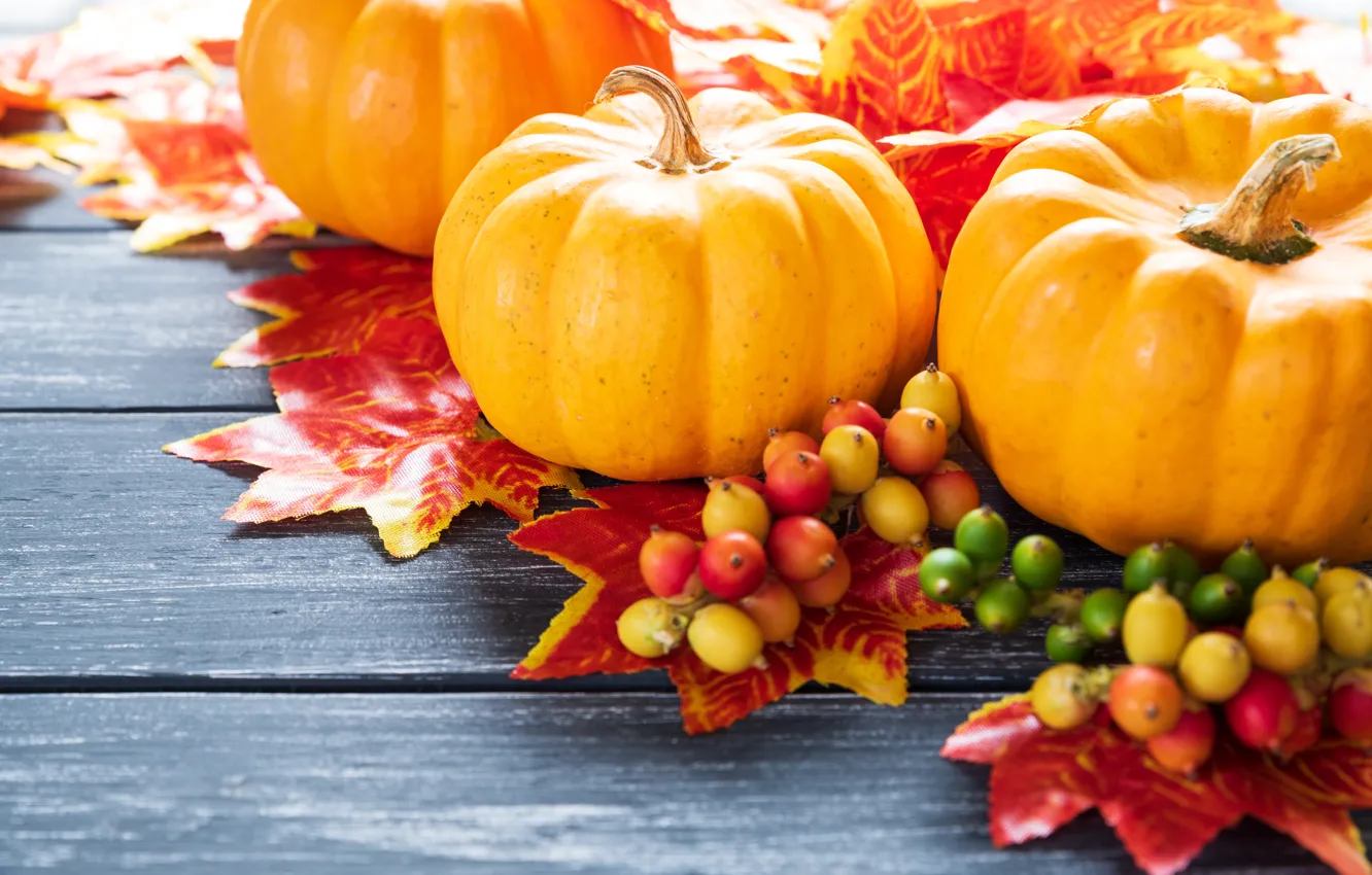 Photo wallpaper autumn, leaves, background, Board, colorful, pumpkin, maple, wood