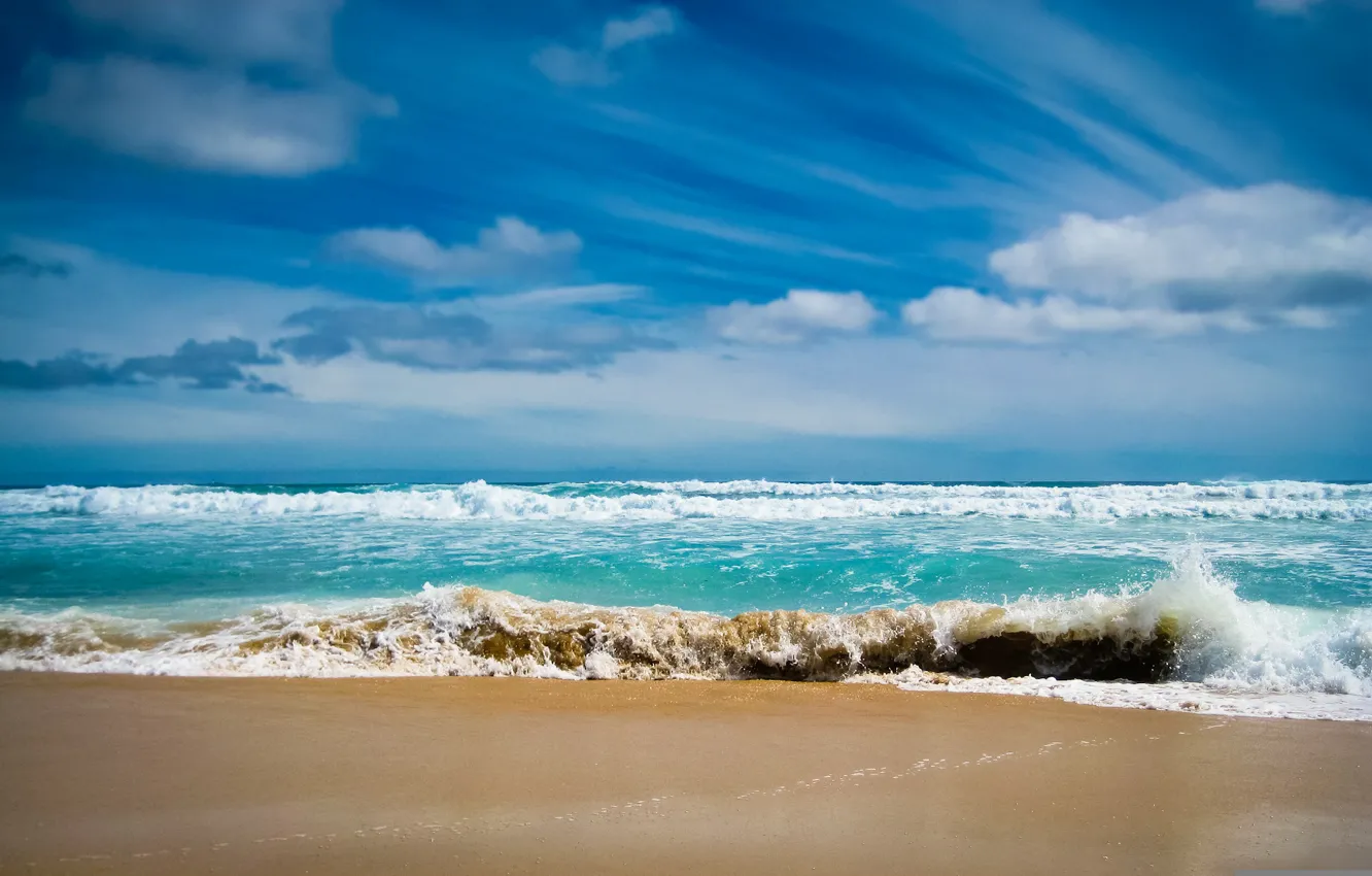 Photo wallpaper sand, sea, wave, foam, water, the ocean, landscapes, wave