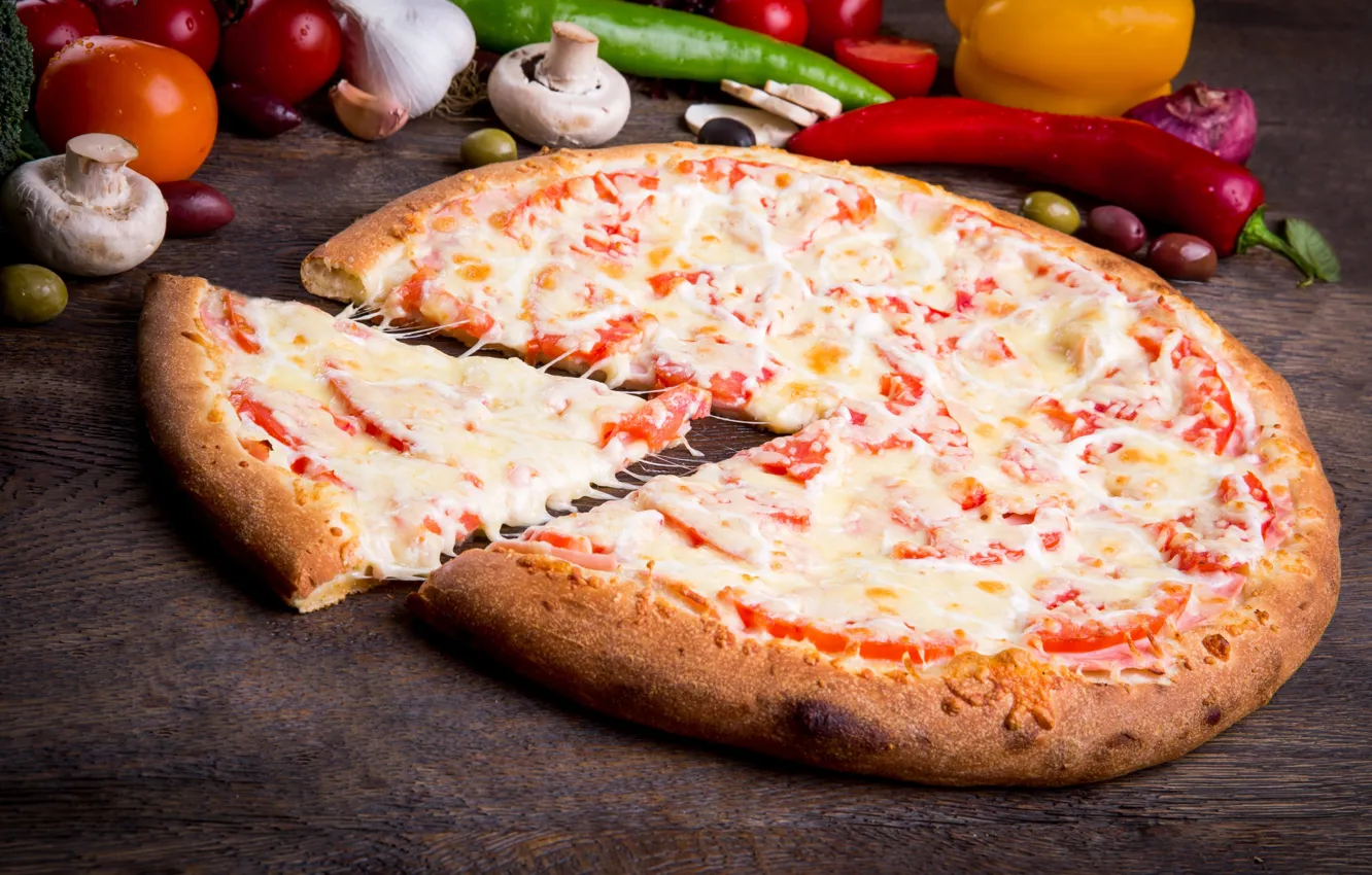 Photo wallpaper cheese, vegetables, pizza, piece