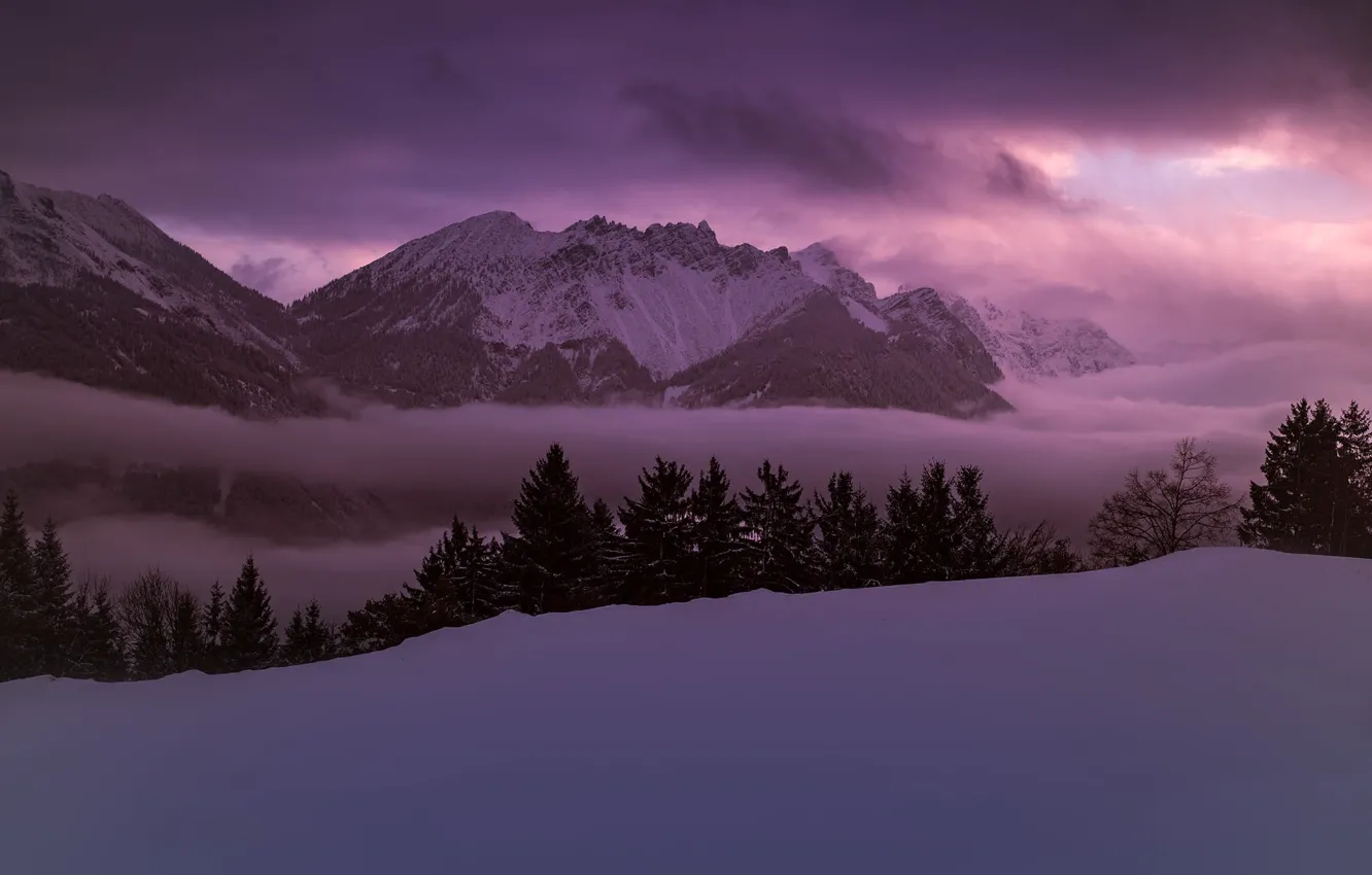 Photo wallpaper winter, the sky, clouds, snow, trees, sunset, mountains, nature