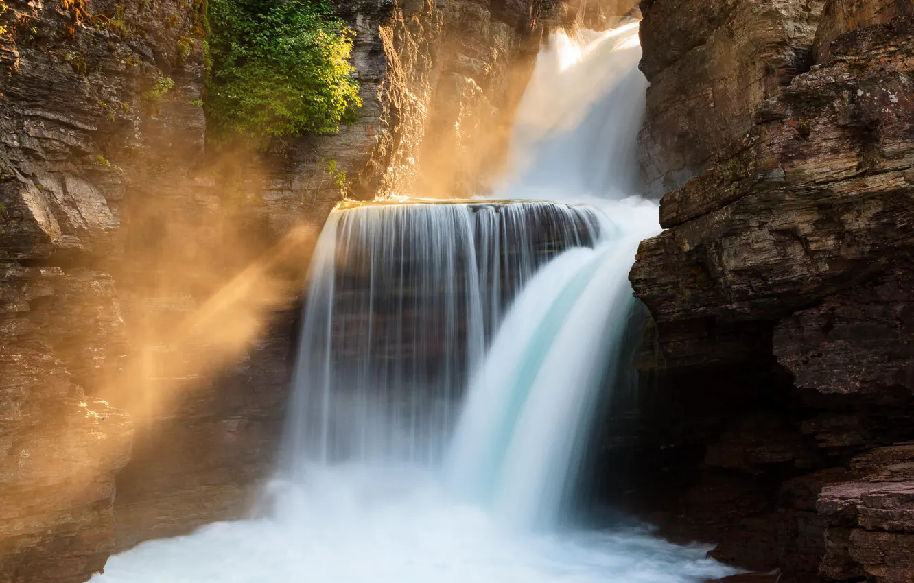 Photo wallpaper forest, nature, waterfall, Montana, St. Mary Falls. Glacier National Park