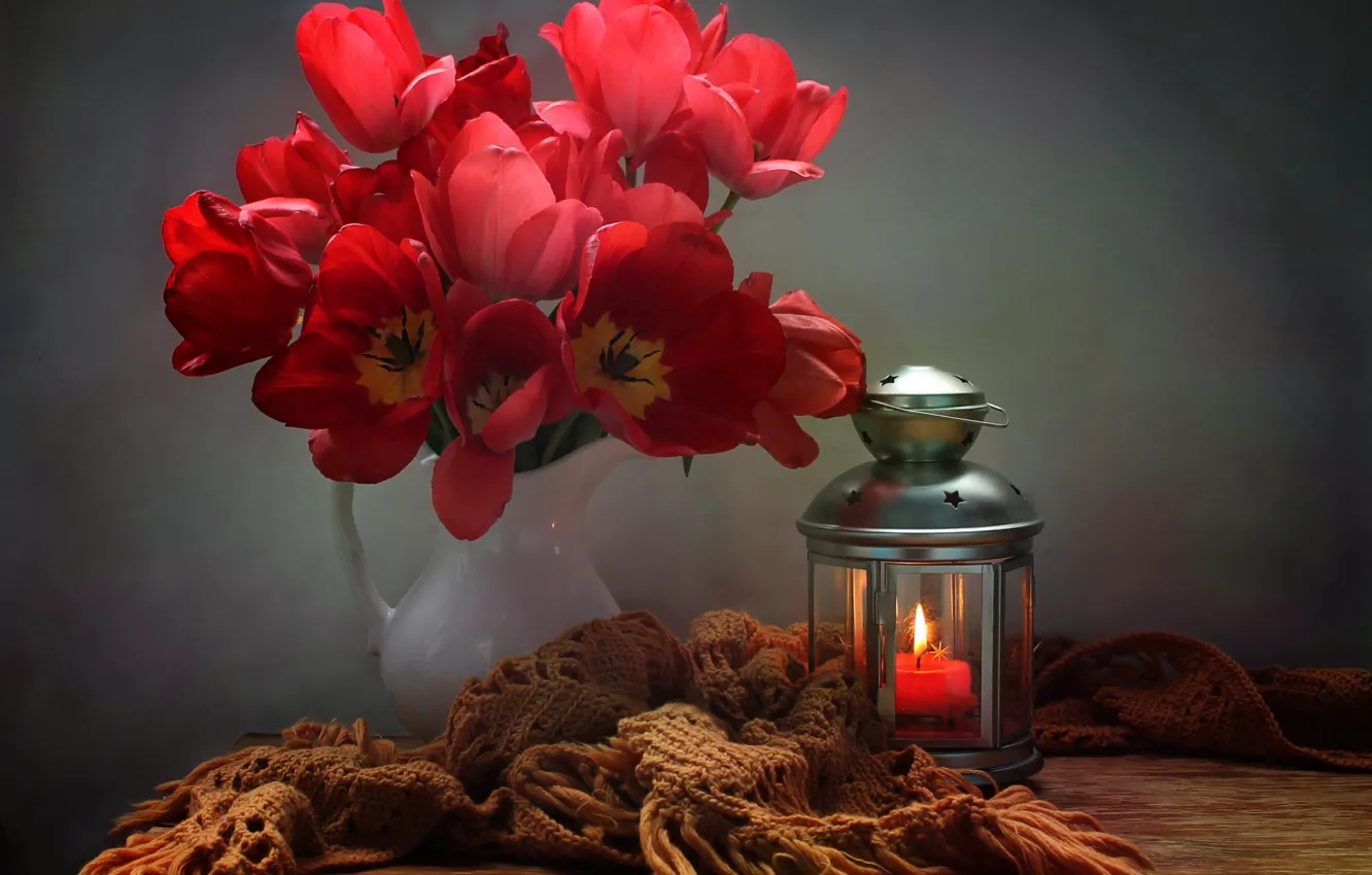 Photo wallpaper flowers, table, candle, scarf, lantern, tulips, pitcher, Kovaleva Svetlana