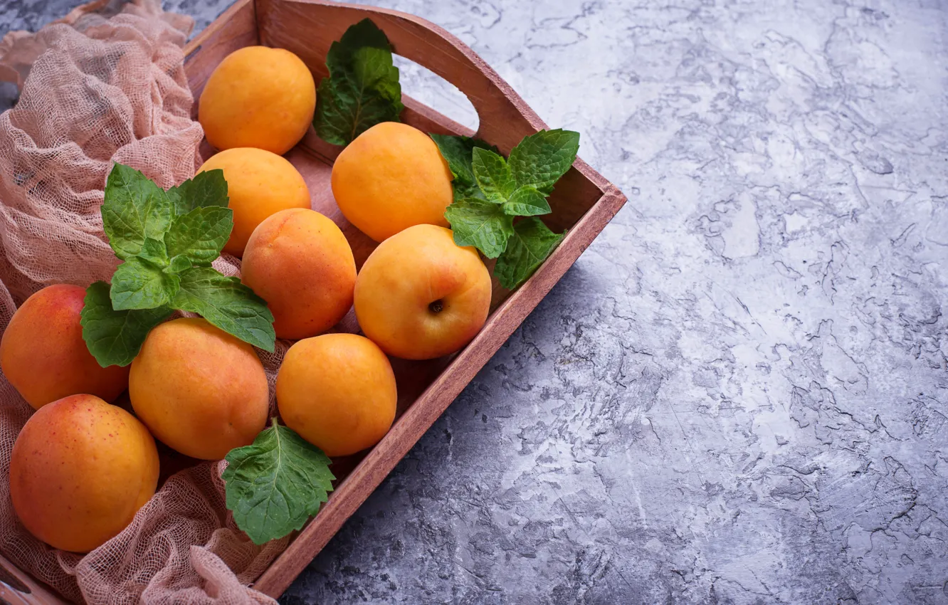 Photo wallpaper box, ripe, juicy, apricots