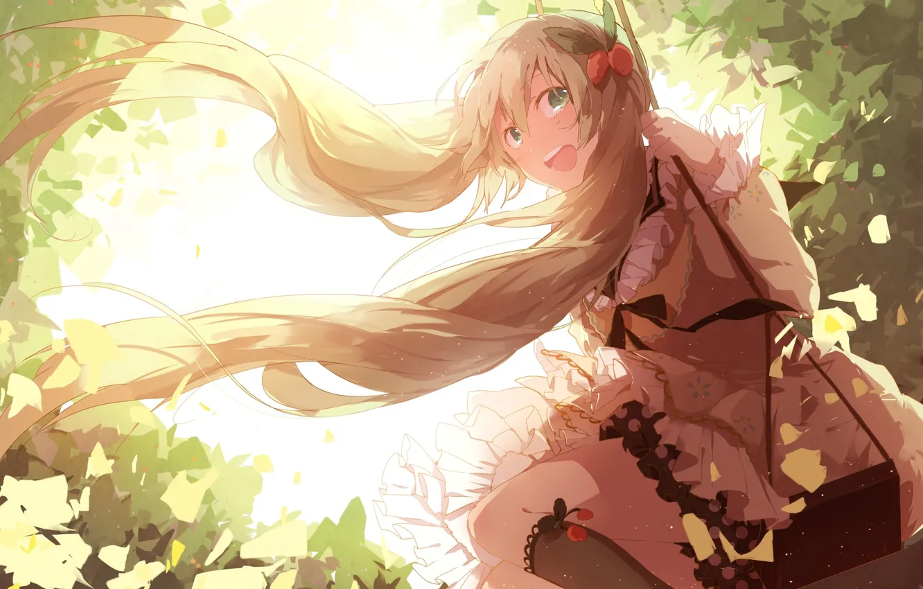 Photo wallpaper girl, joy, swing, art, vocaloid, hatsune miku, bow, shuzi