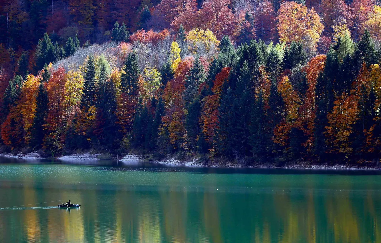 Photo wallpaper autumn, forest, mountains, nature, lake, surface, boat, fisherman