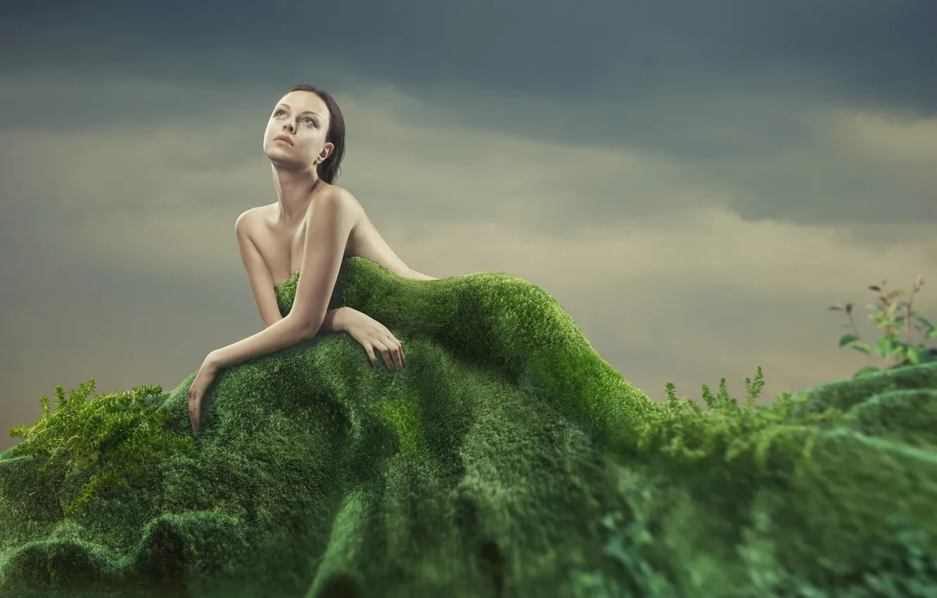 Photo wallpaper grass, look, girl, creative, brown hair