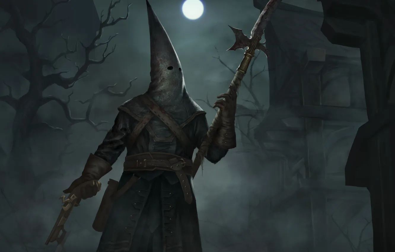 Photo wallpaper night, fog, the moon, axe, art, cap, axe, bloodborne