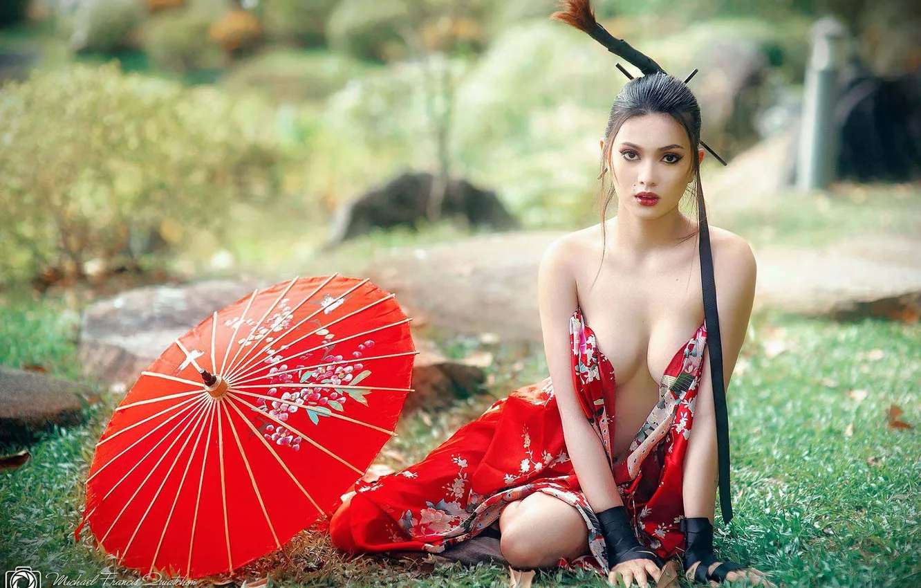 Photo wallpaper girl, umbrella, dress, brunette, Asian