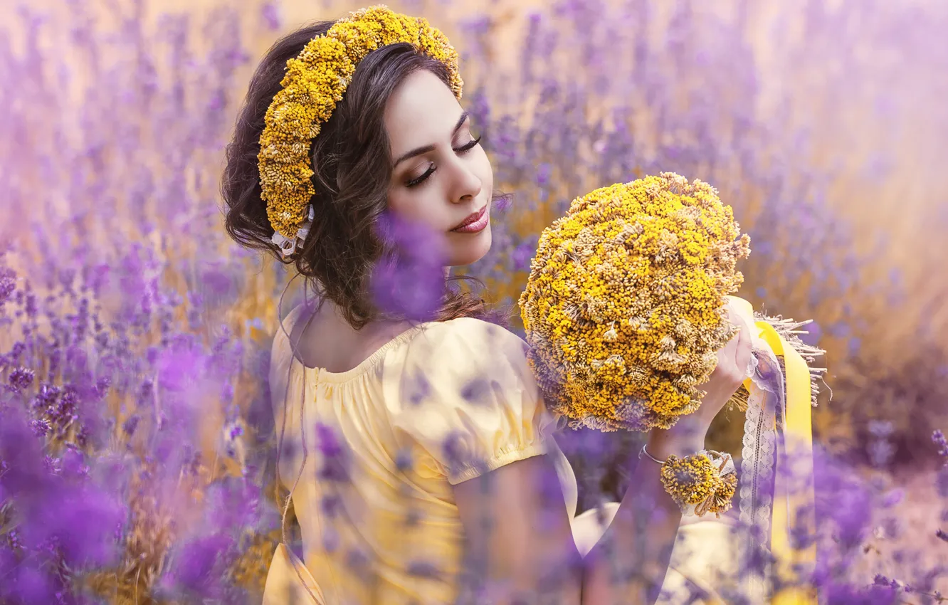 Photo wallpaper field, summer, girl, flowers, bouquet, dress, brunette, tape