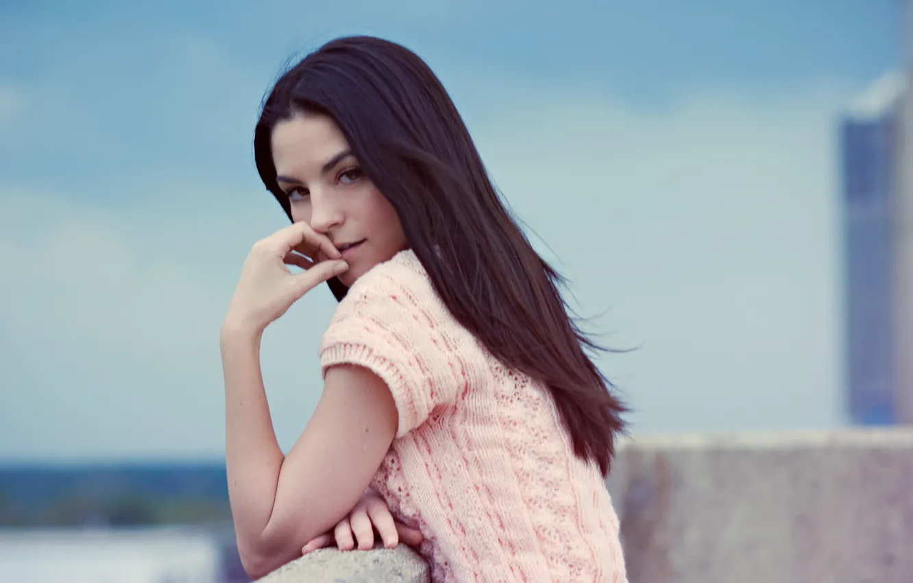 Photo wallpaper eyes, girl, hair, hands, lips, sweater, looking