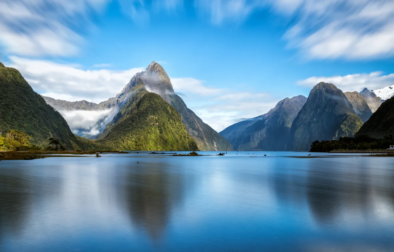 Photo wallpaper landscape, mountain, lake, morning, Land, milford, Journey, mitre