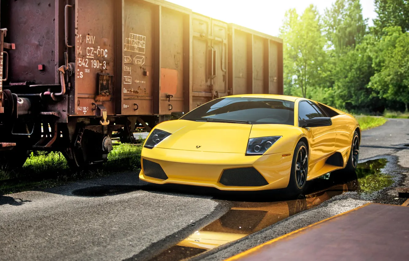 Photo wallpaper Lamborghini, Sun, Murcielago, Yellow, Supercar, LP640-4