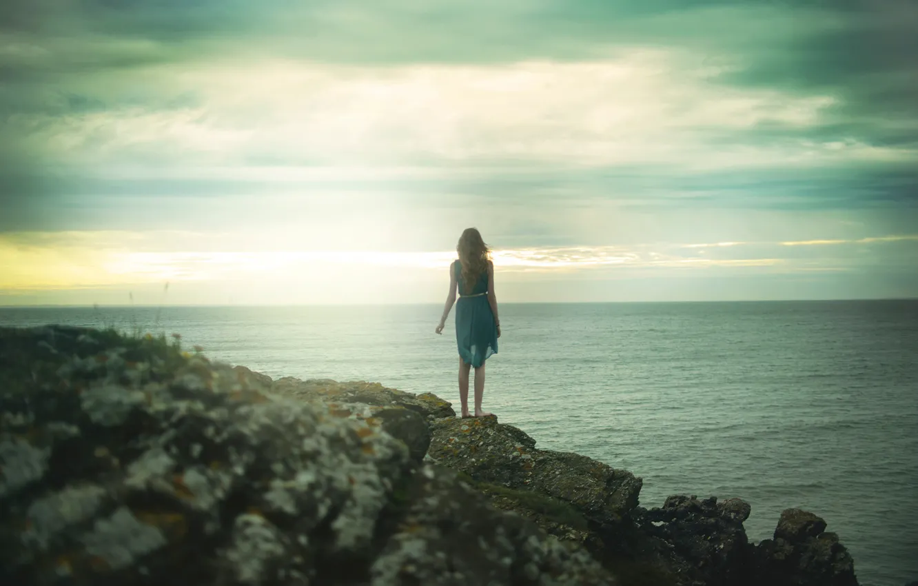 Photo wallpaper sea, girl, landscape, stones, rocks, dress