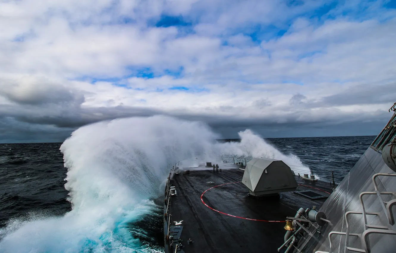 Photo wallpaper storm, the ocean, destroyer