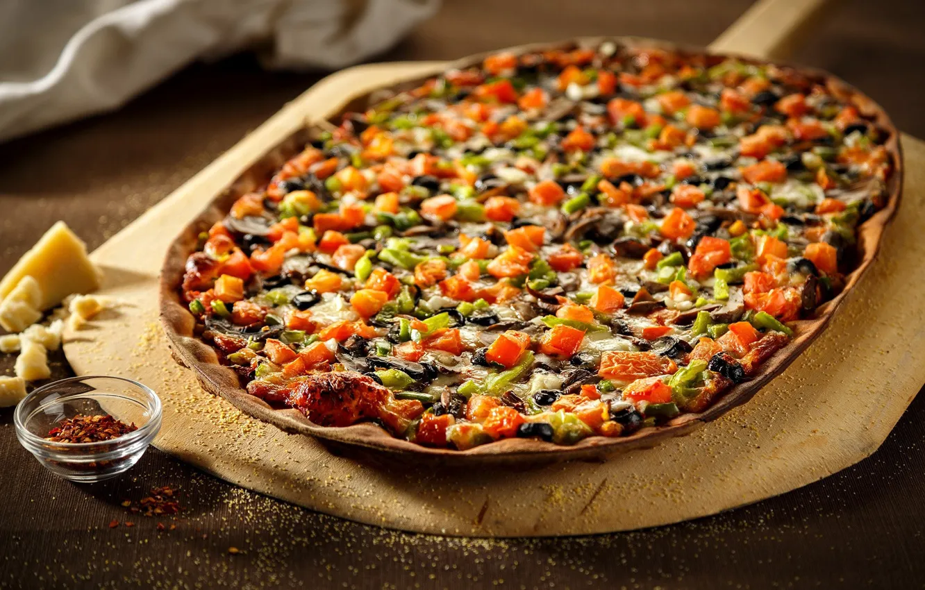 Photo wallpaper cheese, vegetables, pizza, olives