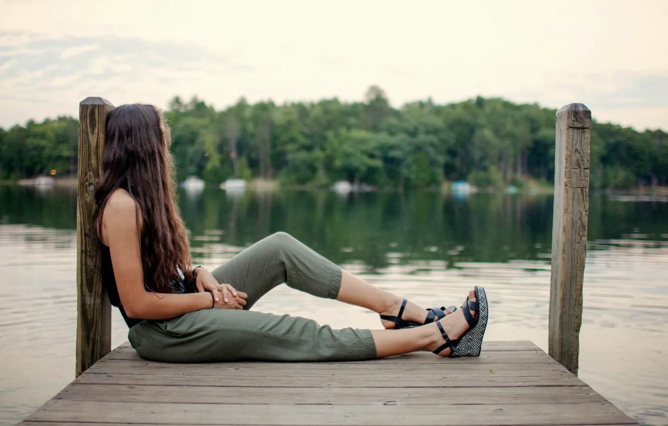 Photo wallpaper summer, girl, river, pier, long hair