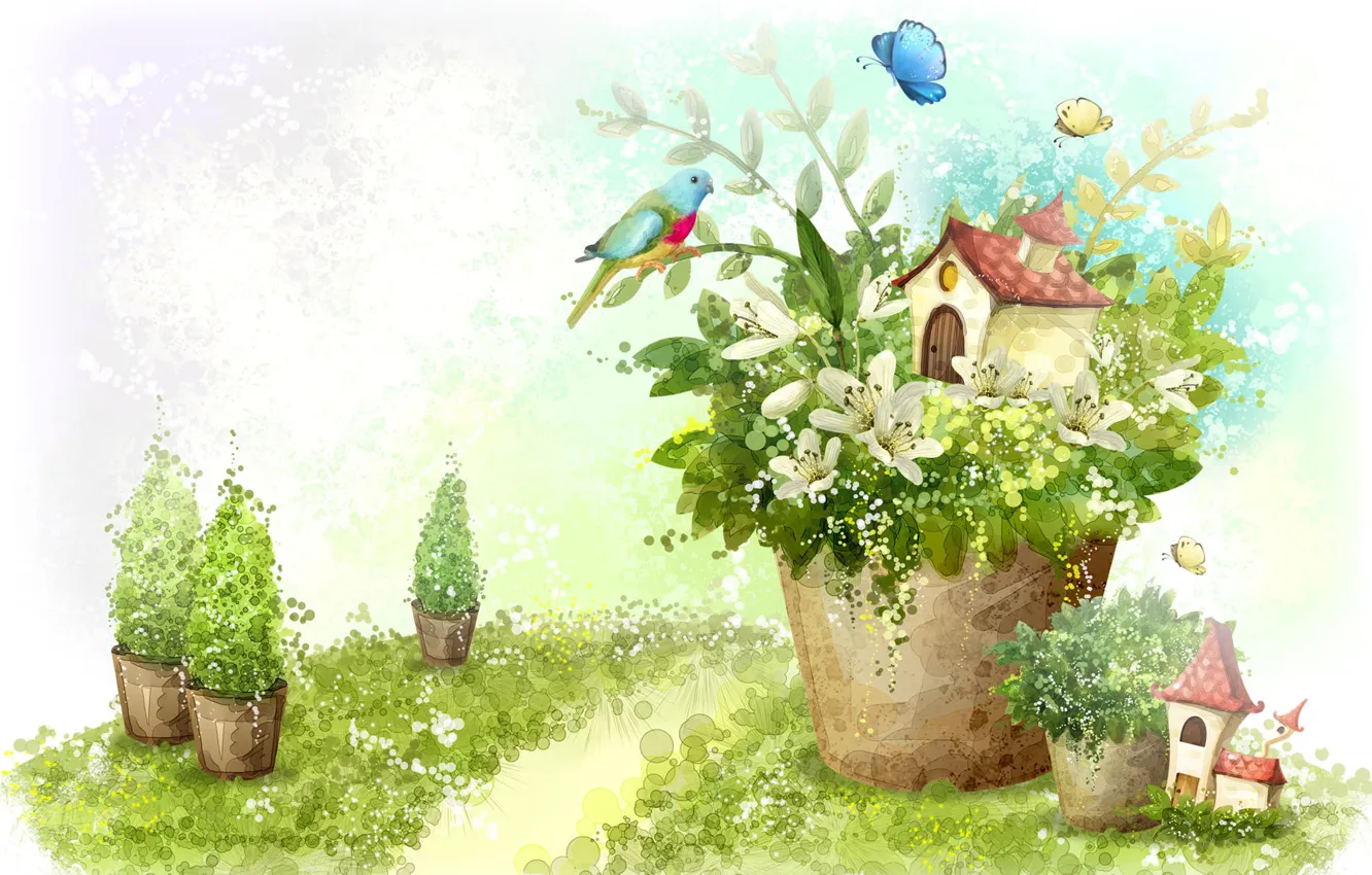 Photo wallpaper butterfly, flowers, house, bird, figure, Lily, plants, parrot