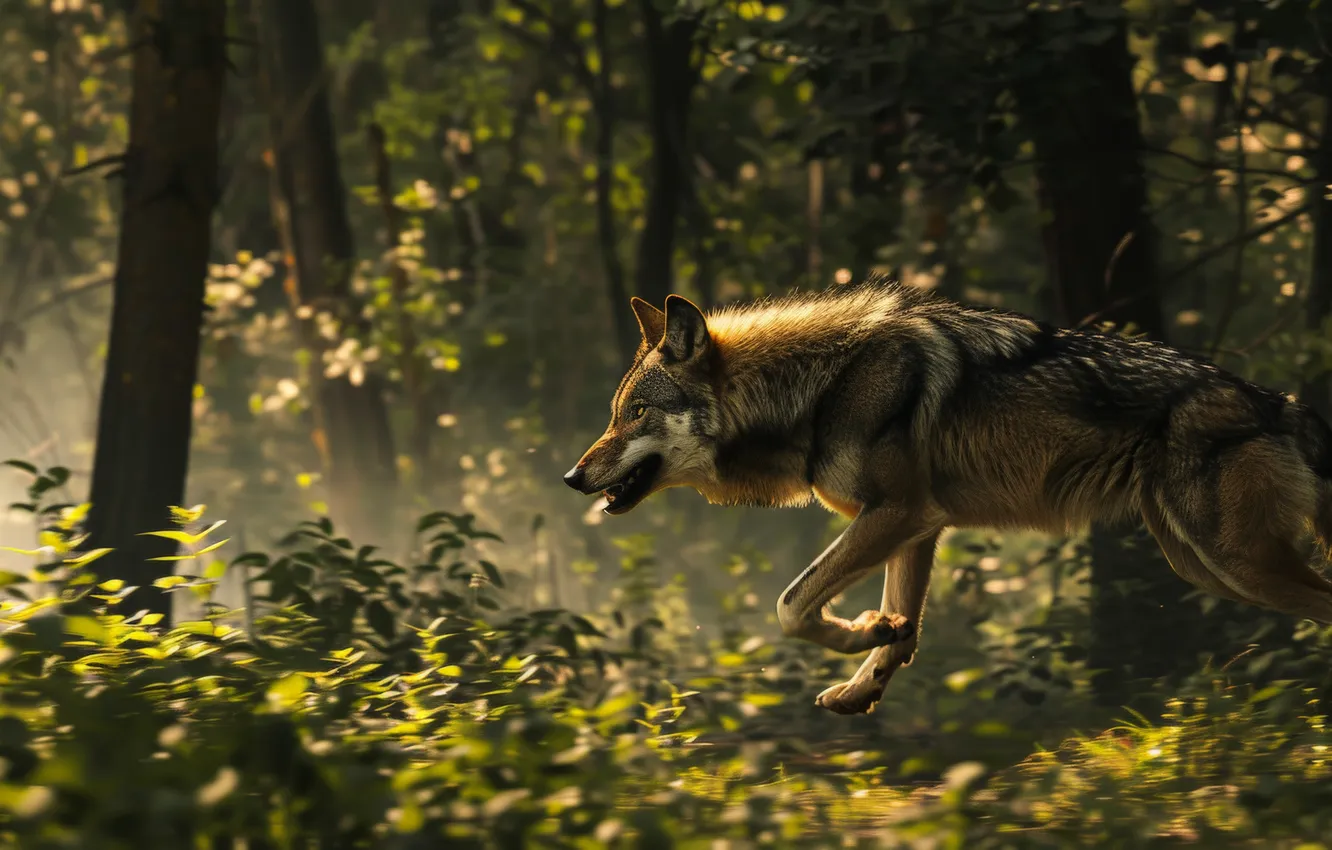 Photo wallpaper forest, trees, wolf, predator, digital art, AI art, The Art of Artificial Intelligence, neural network