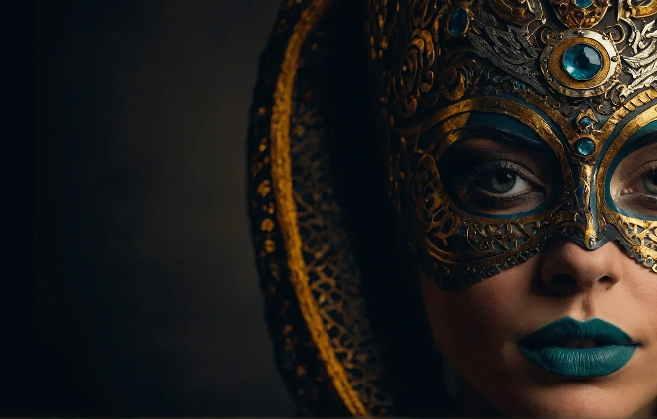 Photo wallpaper girl, eyes, face, mask, portrait, makeup, dark background, AI Art