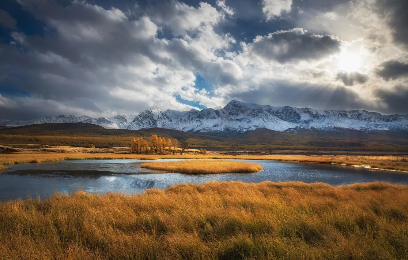 Photo wallpaper grass, clouds, mountains, the wind, horizon, space, the beauty of nature, Alexey Kretov