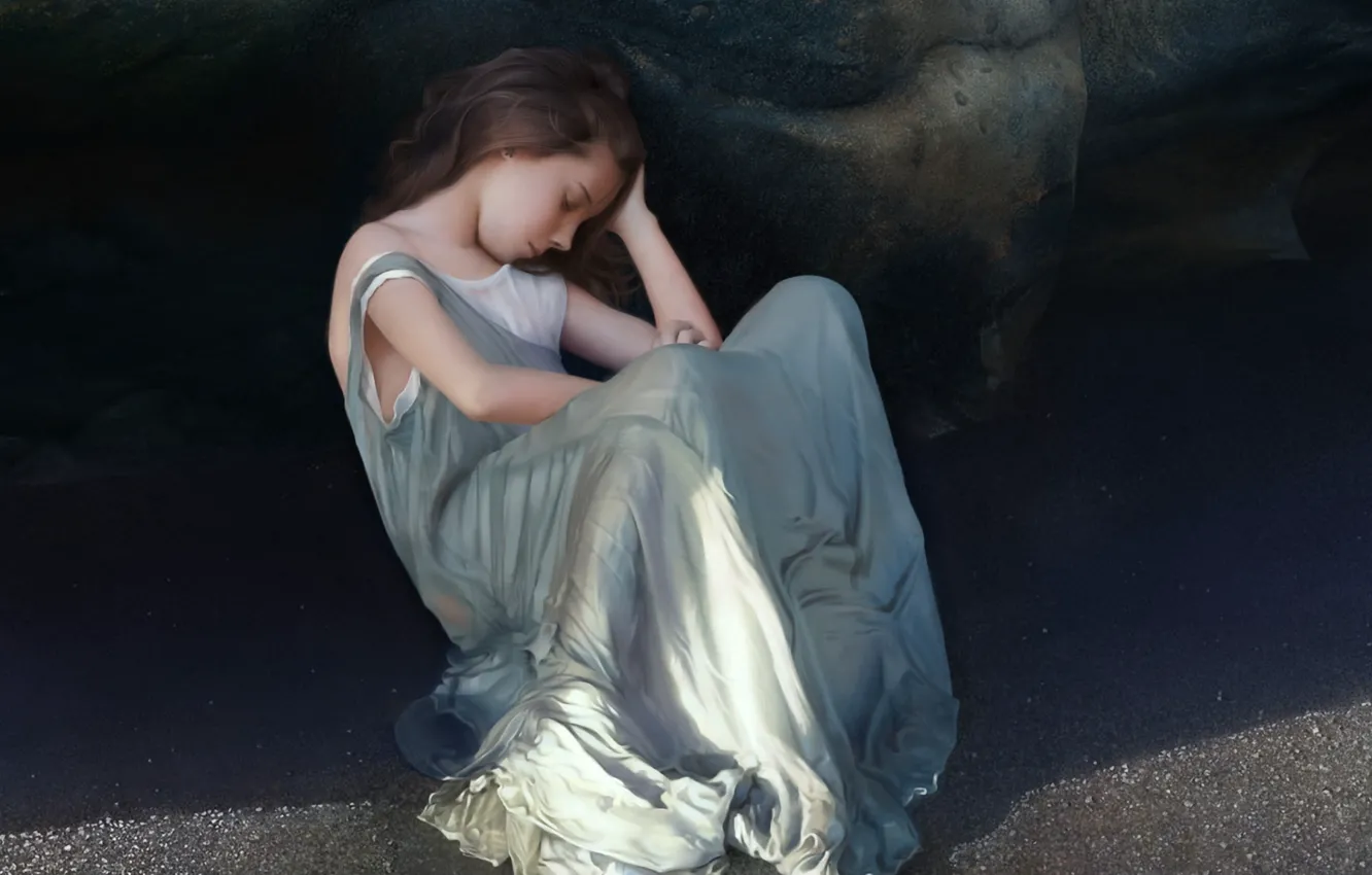 Photo wallpaper sand, girl, rocks, shadow, dress, art, sleeping, girl