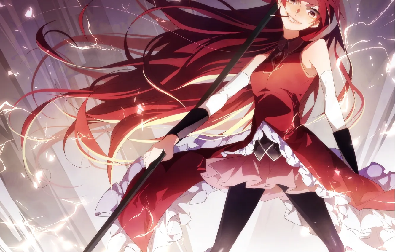 Photo wallpaper girl, weapons, lightning, anime, art, spear, bow, mahou shoujo madoka magica
