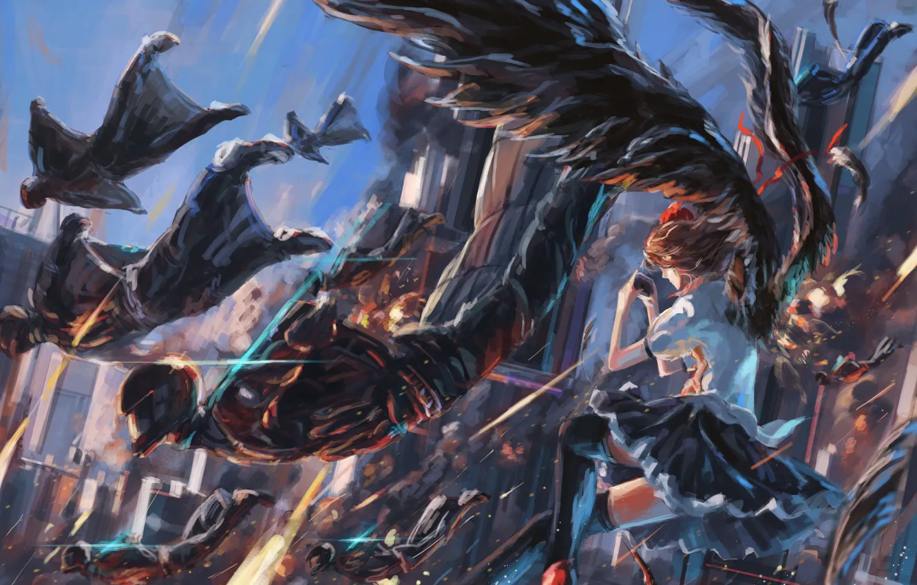 Photo wallpaper girl, wings, anime, warrior, art, battle, touhou, shameimaru aya